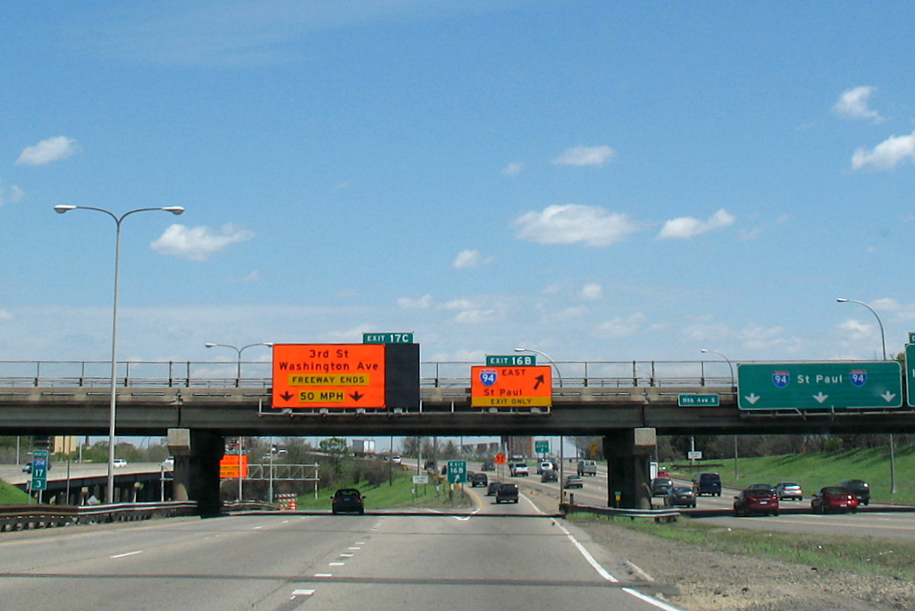 Signs for where the freeway ends on 35W after the bridge collapse in 2007.