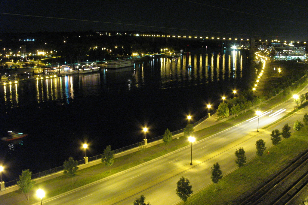 A nighttime photo of the Mississippi River on a very calm evening in St Paul.