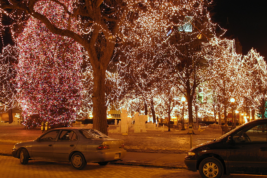 Christmas tree lights as seen in Rice Park in downtown St Paul