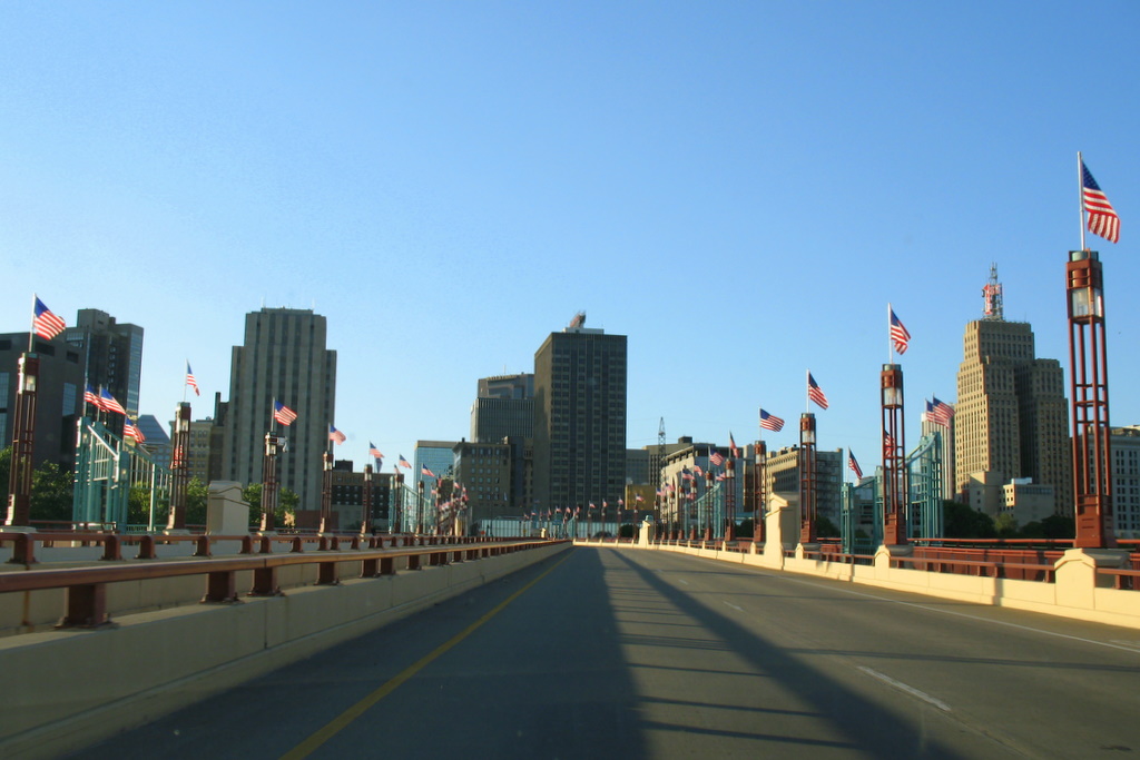 The view as you make your way into downtown St Paul via the Wabasha Street Bridge.