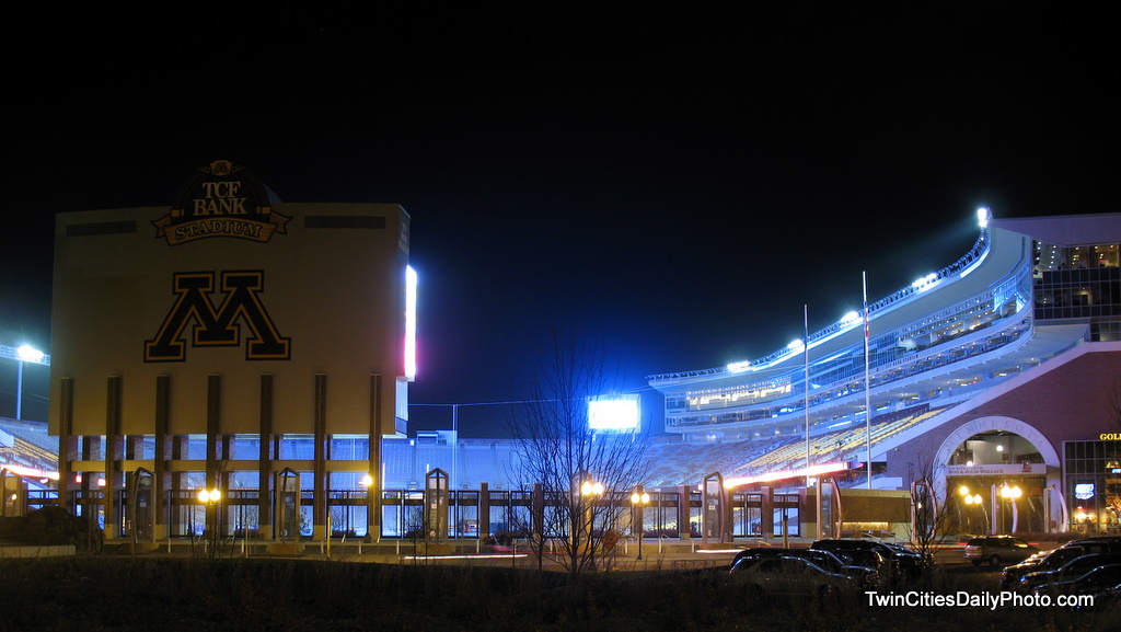 Nighttime photo of the TCF Bank Stadium, the new home of the Minnesota Gopher football team.