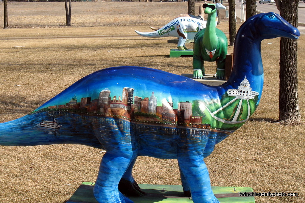 These painted dinosaurs, part of an art project from the city of St Paul. Various local artist painted similarly shaped dinos to their own tastes.