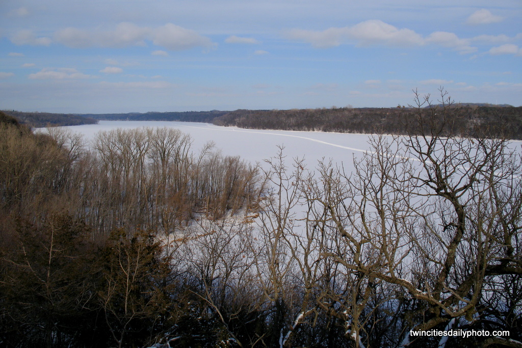 A view of the St Croix River, frozen over today from the cold and frigged temperatures.