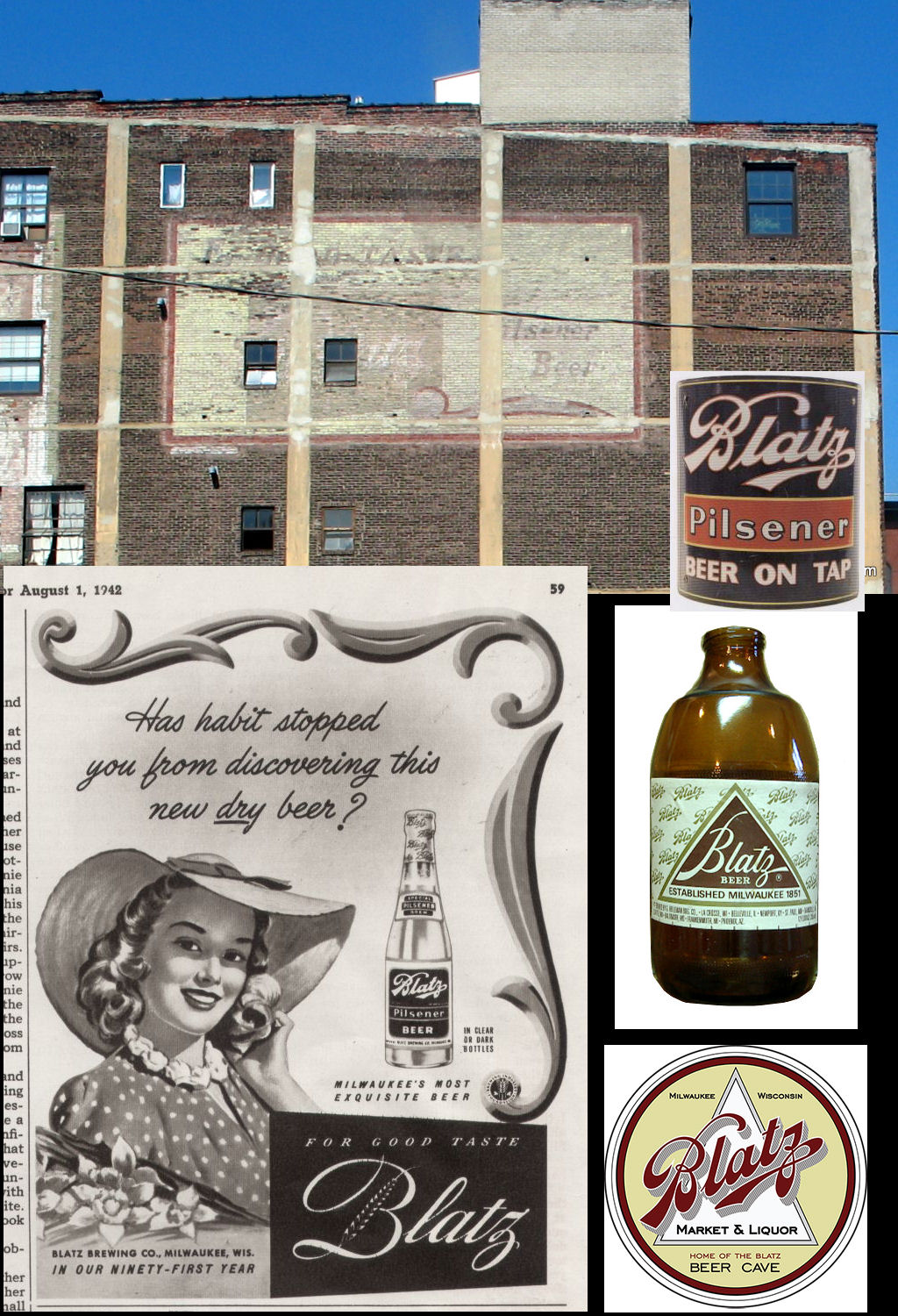 The beer brand on the sun faded advertisement was Milwaukee brewed, Blatz Beer. After doing some digging using Google, I found a key advertisement from a 1942 magazine article about Blatz Beer.