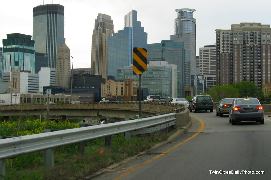The skyline view of Minneapolis as you approach from Interstate 35W on the ramp to Interstate 94.