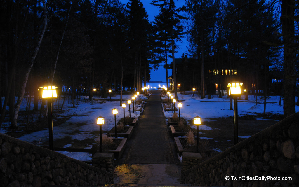 Night falls in Nisswa, Minnesota with a lighted pathway to Gull Lake. We'd driven through Nisswa several times on our way to Bemidji and loved the little town up north from the Twin Cities.