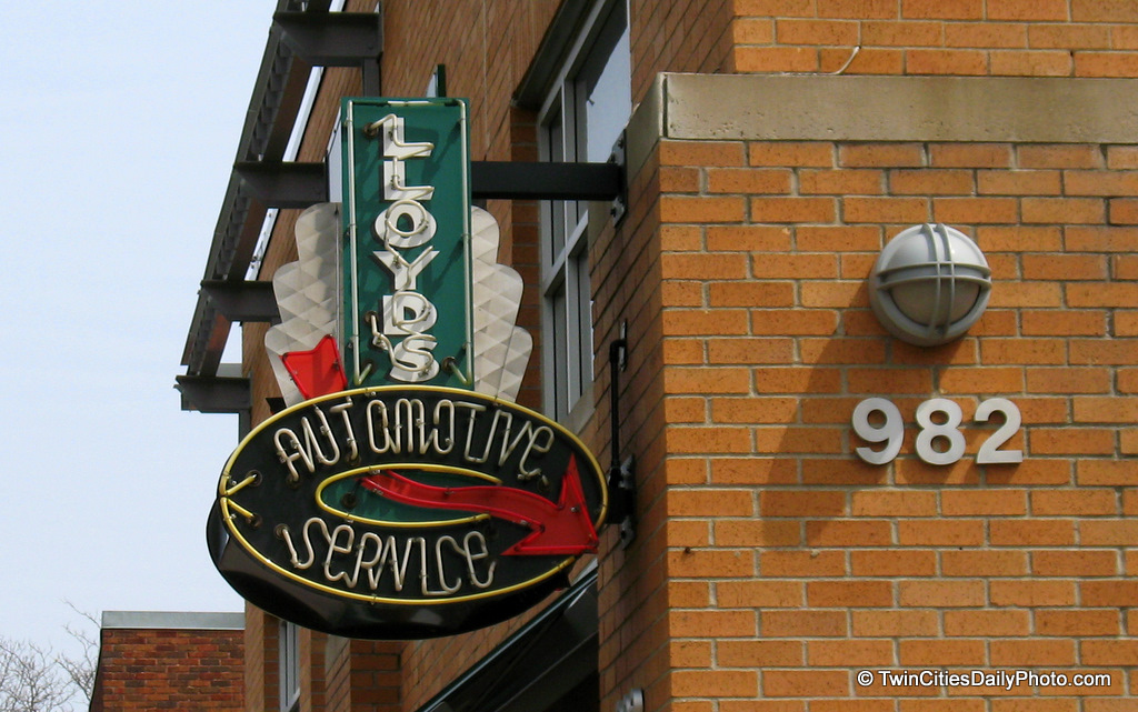 A neon sign of Lloyds automotive service, which is located on Grand Avenue in St Paul.