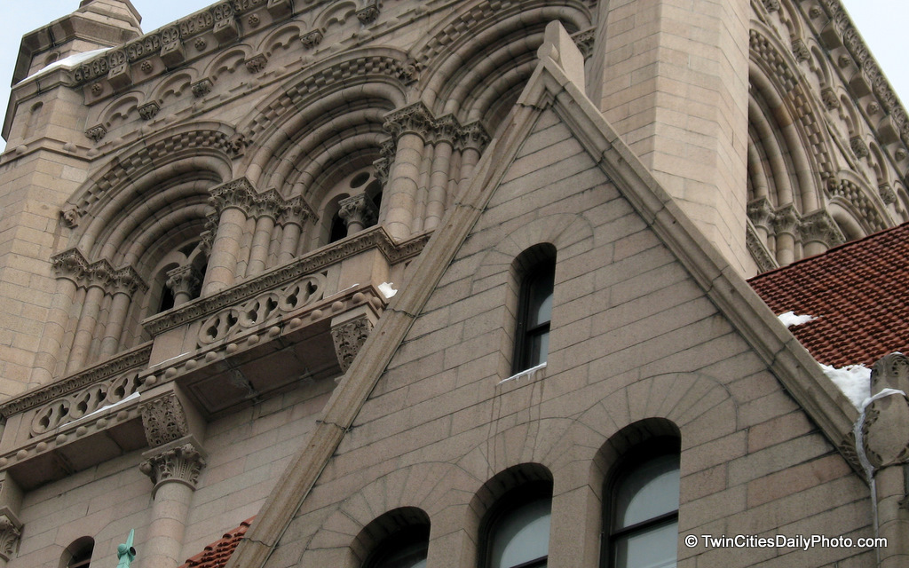 The west side roof and peak of the Landmark Center building in downtown Saint Paul.