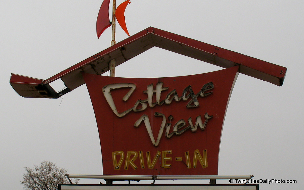 Close up view of the neon sign at the Cottage View drive-in. 